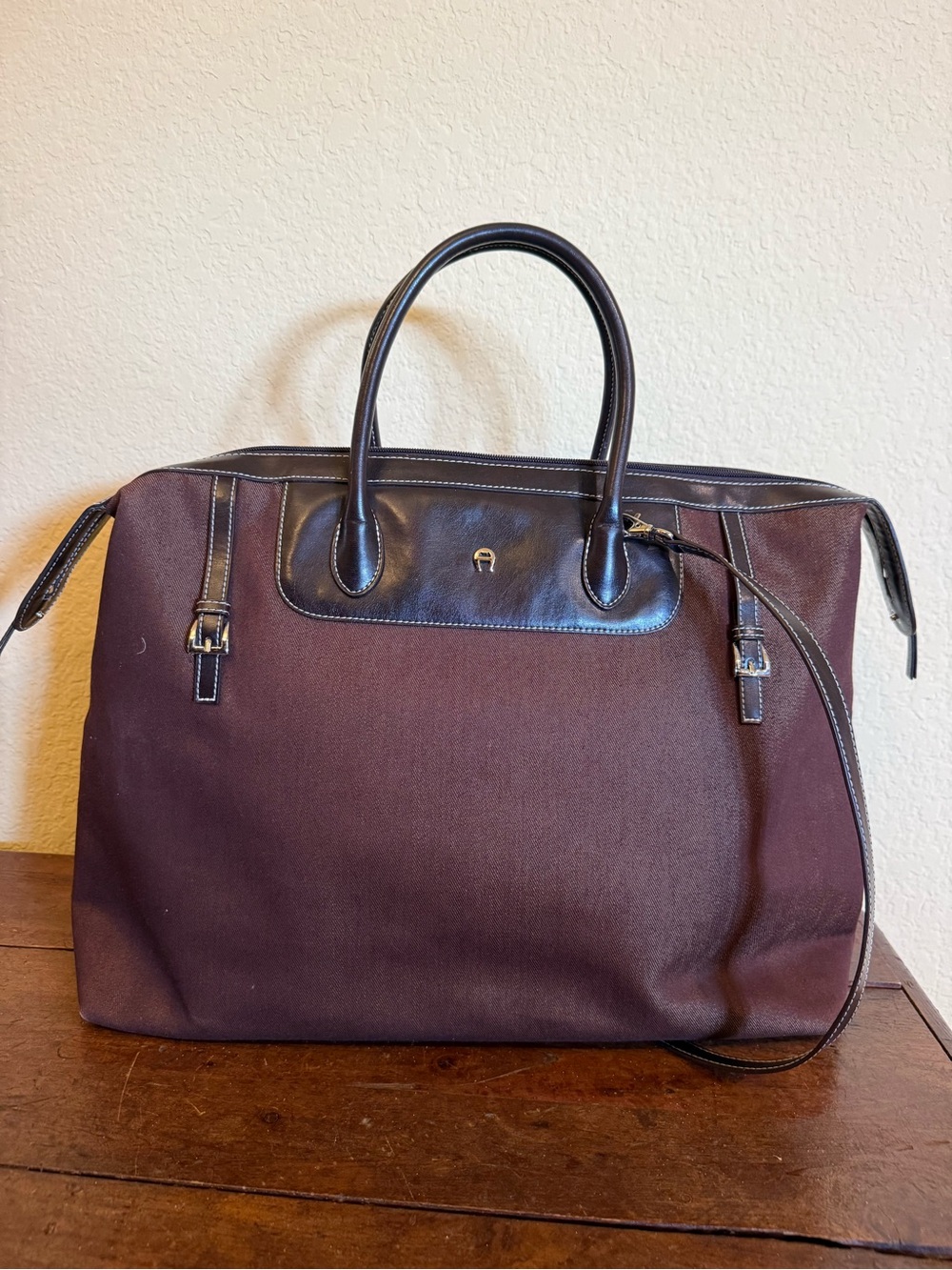 Etienne Aigner Brown Canvas Duffel with Dark Brown Leather Trim
